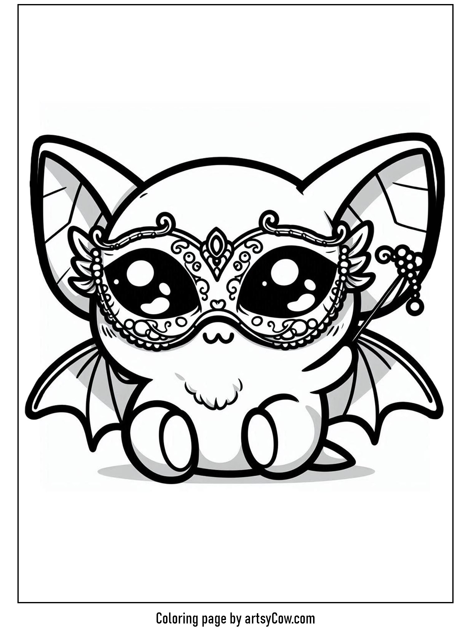 halloween coloring pages with bats: A charming bat cheerfully adorned in a beautiful masked costume invites creativity.